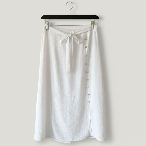NYCC Women's White Midi Long Button Elastic Waist Tie Front Skirt Size S - Picture 2 of 7